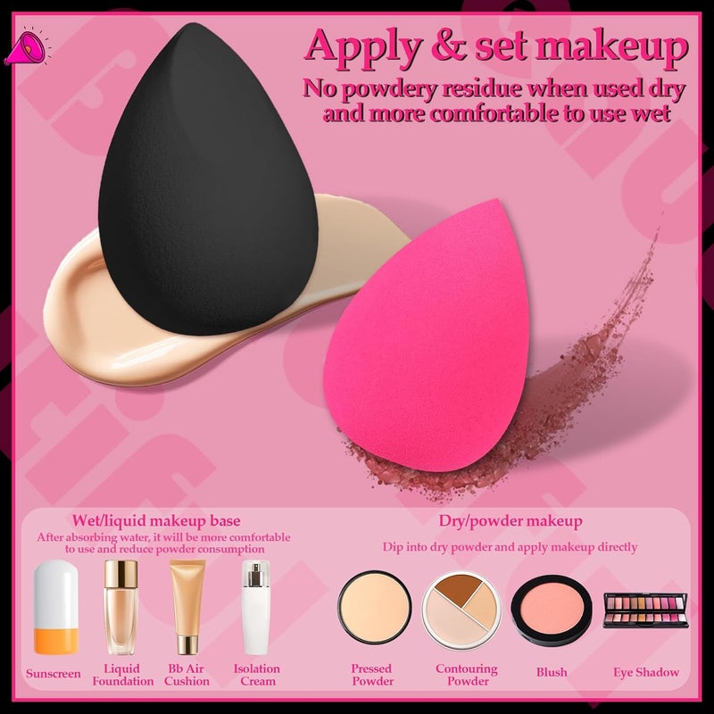 AuraRay 14 Pcs Makeup Sponges,Beauty Sponges Blender with 4 Pcs Powder Puff and 4 Pcs Mini Make up Sponges Valentine's Day Gift,Mother's Day Gift for Women Liquid,Foundation,Powder,Concealer(Black,Hot pink) - Image 2